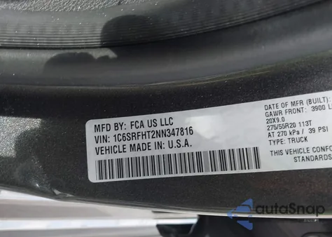 2022 Ram 1500 Limited 4X4 5'7 Box z USA, uszkodzony, nr VIN 1C6SRFHT2NN347816